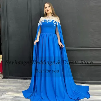 Sevintage Elegantno Kraljevsko Modra Prom Obleke A-Line Appliques Dolgo Cape Rokavi Ruched Dolžina Tal Stranka Halje vestidos de gala